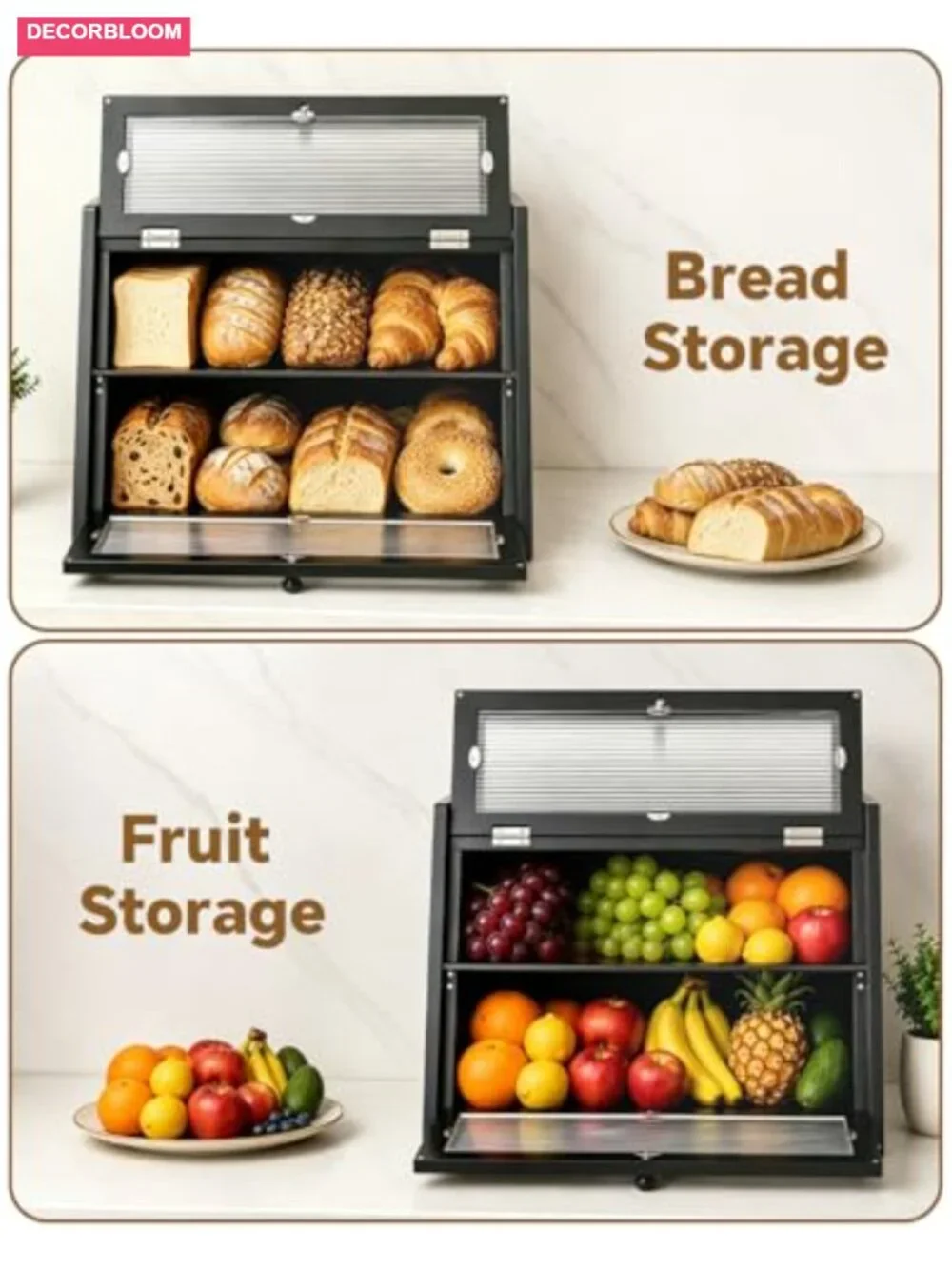 Double Layer Bread Box with Magnetic Acrylic Door, Countertop Food Storage
